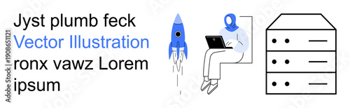 Startup innovation, tech development, data storage, digital transformation, remote work, connectivity. Person working on a laptop, rocket launching servers. Startup innovation and tech development
