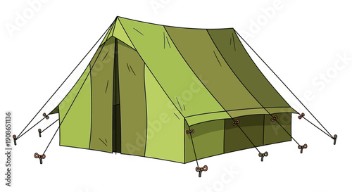 A green canvas tent stands anchored to the ground with ropes in a serene outdoor setting viewed from an angle