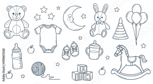 A collection of baby items and toys surrounding a newborn baby's essentials in a celebratory atmosphere with stars and gifts