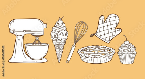 Baking Essentials Illustration Featuring Mixer, Icecream, Whisk, Pie, Cupcakes on a Vibrant Background from a Straight-On Viewpoint