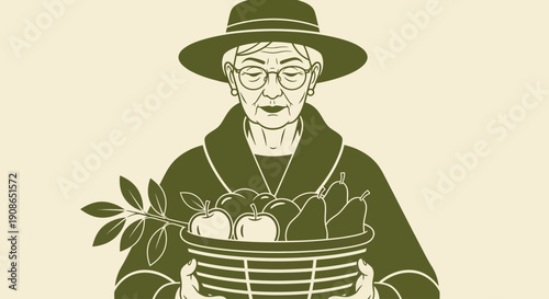 Elderly woman holding a basket of fresh fruits and leaves, standing in a serene environment, viewed from the front