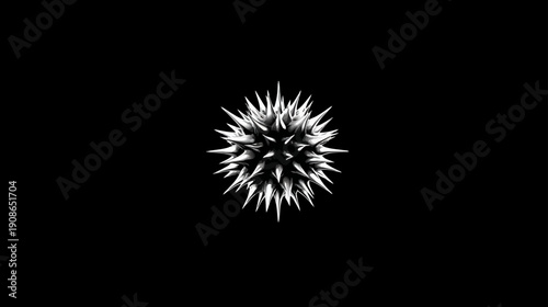 Abstract 3D spiky white sphere on black background, conceptual virus, bacteria or germ microscopic pathogen rendering