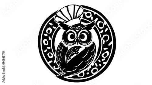 Black and white chef owl illustration, culinary mascot in a decorative circular frame, vintage style for food industry