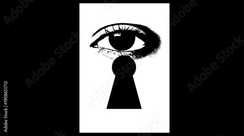 Stylized eye peeking through a black keyhole, graphic illustration symbolizing privacy, observation, and mystery