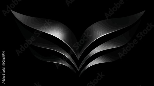 Abstract dark metallic glossy flowing wing-like design on black background. Elegant luxury graphic element concept with reflective texture.