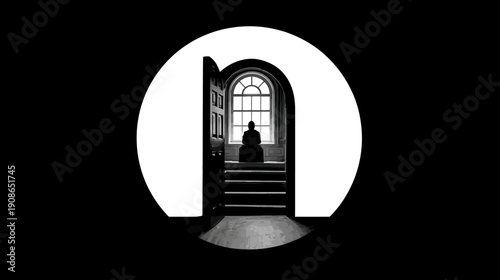 Minimalist graphic: Contemplative silhouette of a lone person sitting at a window, open door and stairs, symbolizing hope and opportunity.