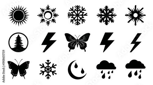 Collection of weather and nature black silhouette icons. Diverse set with sun, snowflakes, lightning bolts, butterflies, rain clouds, and moon symbols.