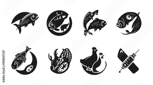Modern black and white vector icon set depicting various animal food sources: fish, chicken, and a rhinoceros, alongside a food safety symbol.