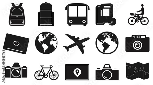 Travel and Tourism Icons Collection. Black silhouettes of vacation, journey, and adventure symbols, including transport, luggage, and maps.