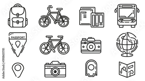 Travel and Adventure Line Icons Set with Backpack, Bicycle, Camera, Bus, Passport, Globe, and Map Pin