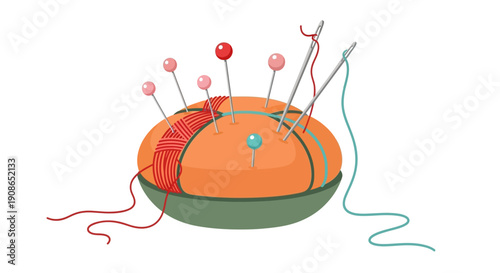 Sewing accessories and threads arranged on a pincushion, showcasing needlework tools in a crafting setup, viewed from directly above