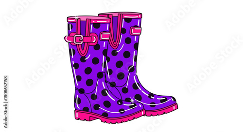 Vibrant purple rain boots with pink accents and black polka dots standing on a white background from a straightforward viewpoint