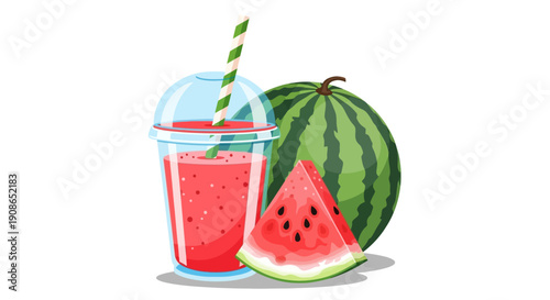 Refreshing watermelon drink in a plastic cup with straw beside a sliced and whole watermelon on a white surface viewed from the side