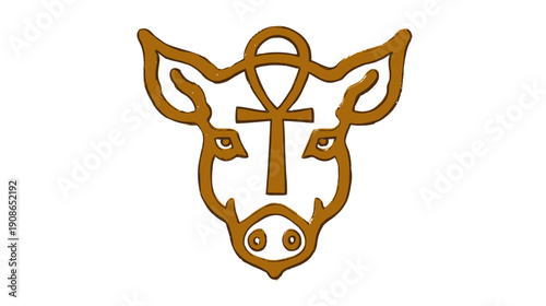 Abstract Brown Line Art Pig Head with Ancient Ankh Symbol Illustration. Mystical Animal Icon Combining Life and Nature.