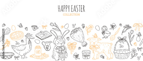 Cottage core. Doodle. Horizontal seamless border. Animals with hats, bows. Hand-drawn elements. Spring holiday. Bunny, lamb, goose, chick Vector illustration for greeting cards, prints, coloring books