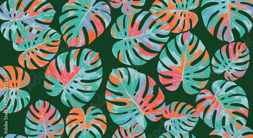 Vibrant tropical leaves pattern with monstera and palm foliage in colorful illustration on dark green background viewed from above