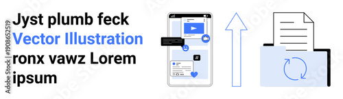 Data transfer, digital communication, document sharing, cloud services, mobile applications, social media interaction. Smartphone with a file-sharing interface and upload arrow icon. Data transfer