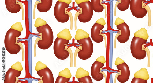Multiple illustrations of human kidneys and adrenal glands in a grid pattern from a direct viewpoint
