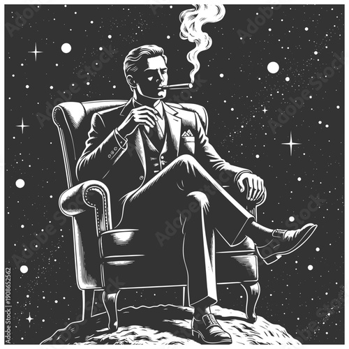 well-dressed man sitting in an armchair on a celestial body, calmly smoking cigar in space sketch engraving generative ai fictional character vector illustration. Scratch board. Black and white image.