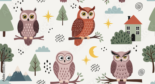 Whimsical illustration of owls perched on branches with trees, house, and stars in a dreamy night sky scene from a bird's eye view