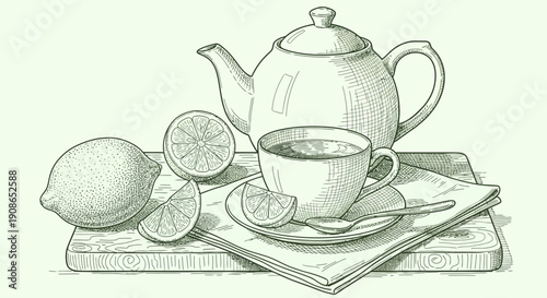 A cup of tea and a teapot on books surrounded by lemons, viewed from the side.