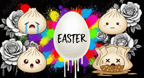 Vibrant Easter egg surrounded by expressive dumplings and flowers on a colorful splattered background
