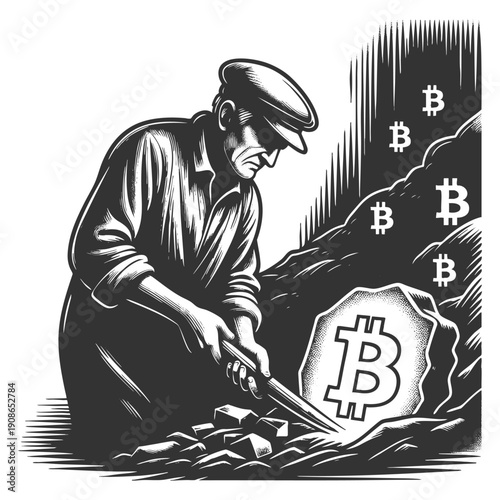 miner chiseling a glowing Bitcoin symbol from rock, symbolizing digital currency mining and effort sketch engraving generative ai vector illustration. Scratch board imitation. Black and white image.