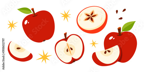 Red Apple Clipart Illustration Whole Sliced and Halved Apples Isolated on White