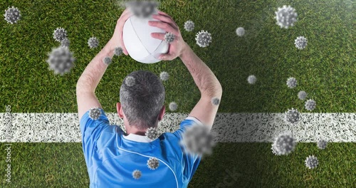 Animation of digital interface with safe lock rotating over rugby players