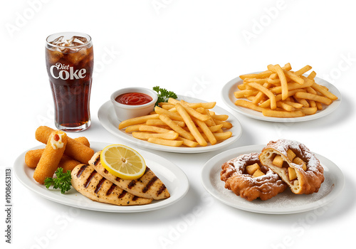 Drink - Diet coke Appetizer - Mozzarella sticks Main course - Cedar grilled lemon chicken Side - Fries Dessert - Apple fritter., on sold white background