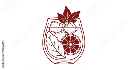 A stylized illustration of a refreshing cocktail with ice, citrus, and leaves in a glass viewed from the front.