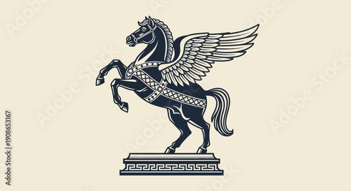 Illustration of a winged horse Pegasus on a pedestal, depicted in a classical style, viewed from the side