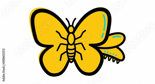 A vibrant yellow butterfly illustration with intricate details and bold lines on a simple background