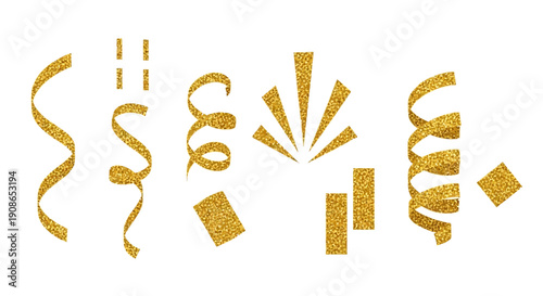 Golden confetti pieces and streamers scattered around, illustration of celebration elements