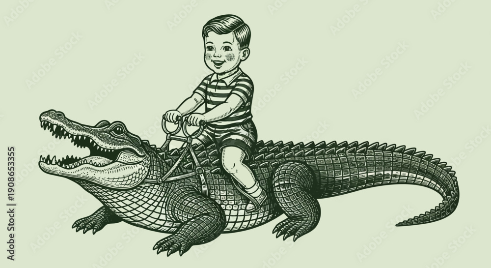 Fototapeta premium A young boy rides a bicycle on top of an alligator in a vintage illustration from a unique viewpoint.