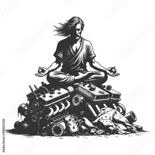  calm mechanic sitting cross-legged atop oily engine parts, blending mindfulness with industrial grit sketch engraving generative ai vector illustration. Scratch board imitation. Black and white image