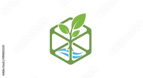 Green plant growing in cube icon.