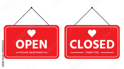 Two minimalist red rectangular signs hanging vertically, conveying information or warning with a clean, modern design.