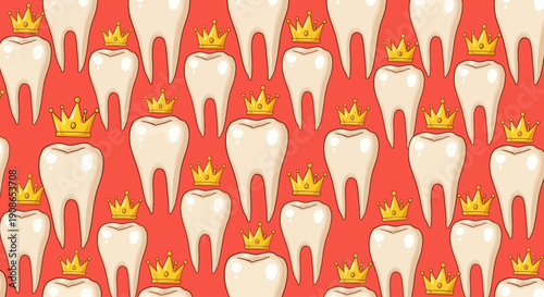 Multiple cartoon teeth on fire in a repeating pattern against a red background viewed from the front