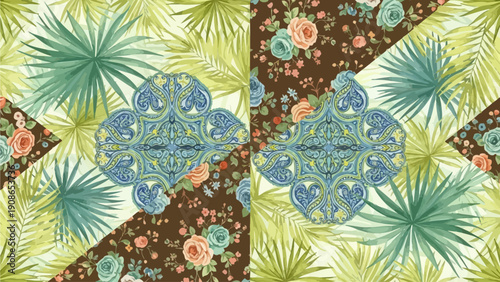 Tropical leaves and floral patterns in a vibrant design with lush greenery and decorative elements