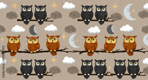 Owls perched on branches under the night sky with clouds and moons in a serene forest scene from a distant viewpoint