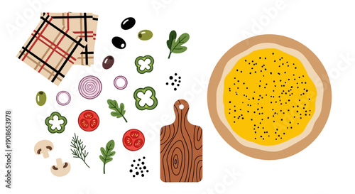 Fresh ingredients and kitchen utensils arranged beside a bowl of yellow curry on a table