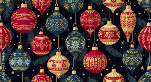 A vibrant assortment of colorful Christmas ornaments hanging from above, showcasing intricate designs and festive patterns against a dark background.