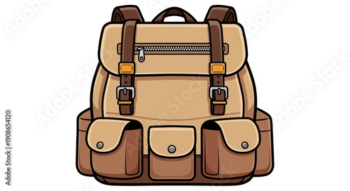 A brown and tan backpack with multiple pockets and buckles, illustrated from the front view, showcasing its design and features.