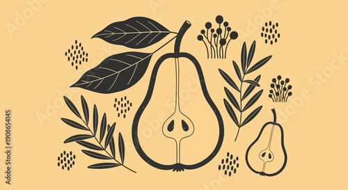 Illustration of pears and leaves arranged artistically with floral elements surrounding them in a decorative composition