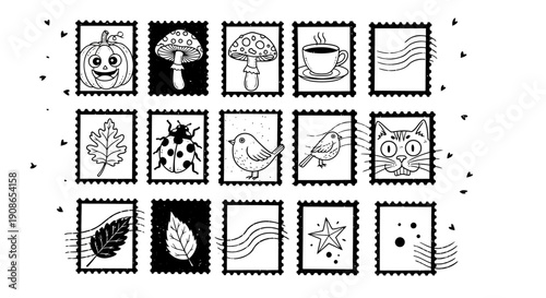 A collection of stamps with various natural elements and abstract designs in black and white