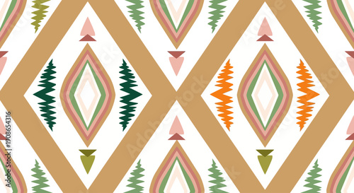 Geometric pattern featuring diamond shapes and foliage motifs in a repeating design viewed from directly above