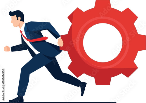 Businessman pushing large gear symbolizing industry and progress