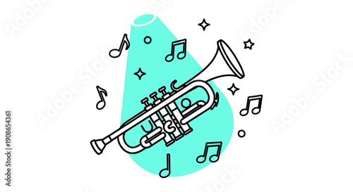 A trumpet surrounded by musical notes and symbols in a celebratory atmosphere