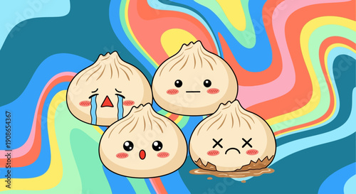 Assorted dumplings with different facial expressions on a colorful abstract background